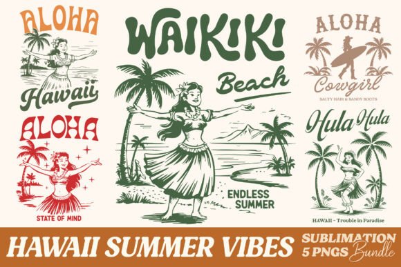 Retro Summer Hawaii Vibes PNG Bundle: Tropical Design Assets